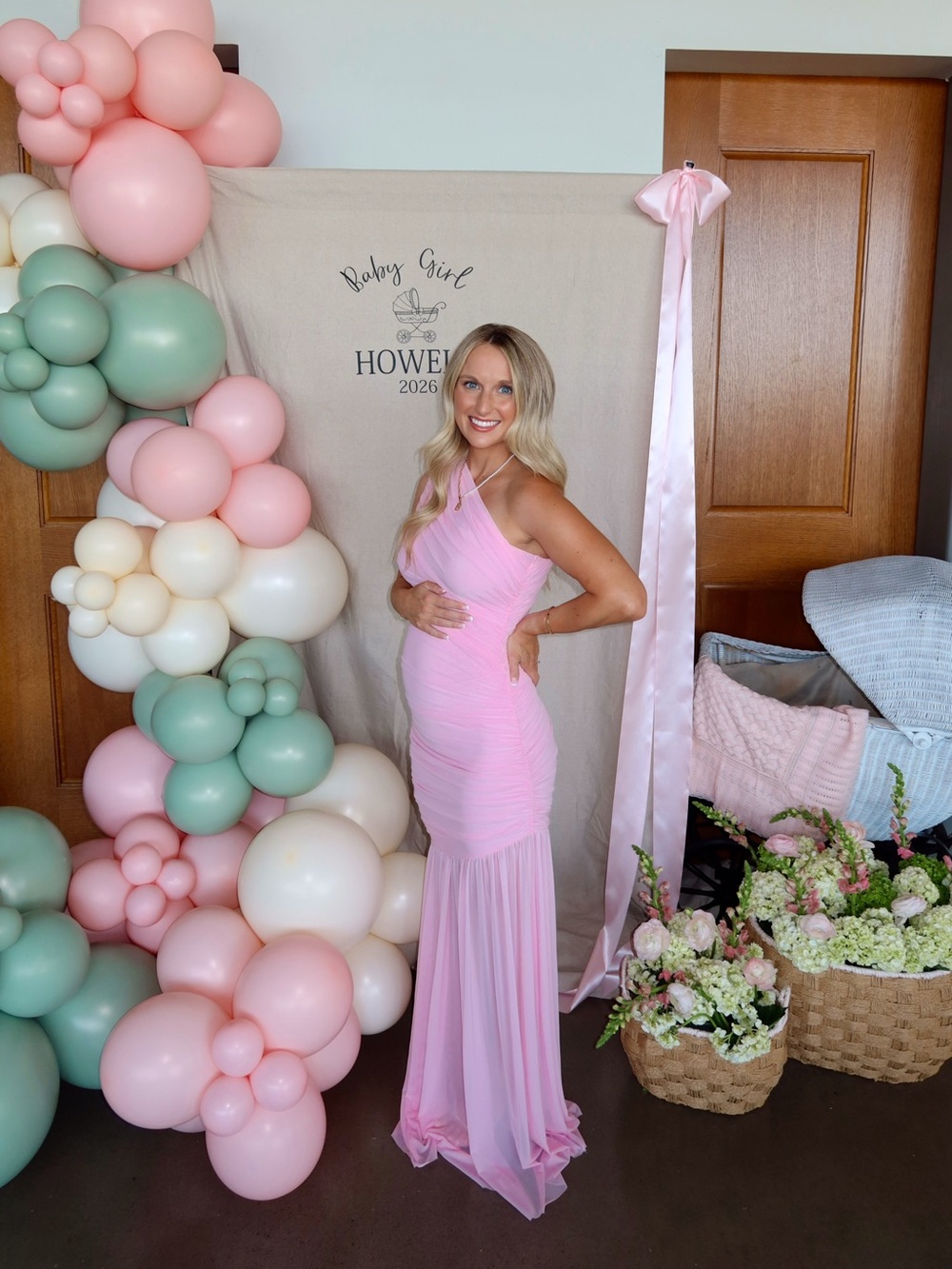 Light Pink Ruched Mesh One Shoulder Maxi Dress